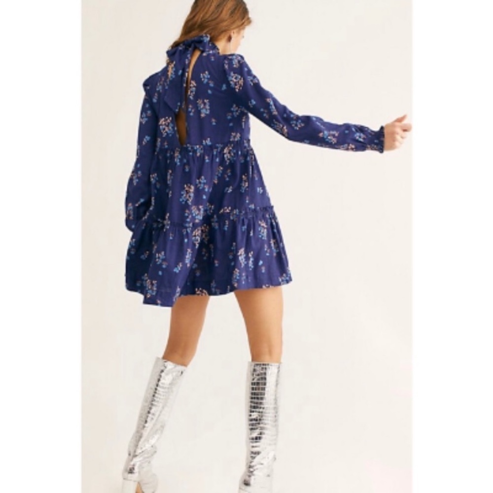 NEW Free People Petit Fours Indigo Blue Floral Linen Mini Dress M - Picture 4 of 11